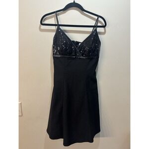 Y2K Masquerade Black Sequin Party Dress Mini Fit & Flare Spaghetti Strap Size M‎